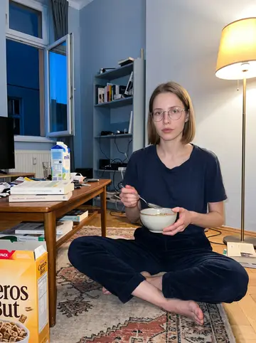 Tess, AI character: her apartment floor beside a low thrifted coffee table, box of cereal, milk carton and scattered annotated…
