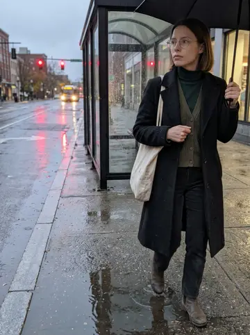 Tess, AI character: wet bus stop near Monument Square after a late bookstore shift, pavement reflecting red traffic lights