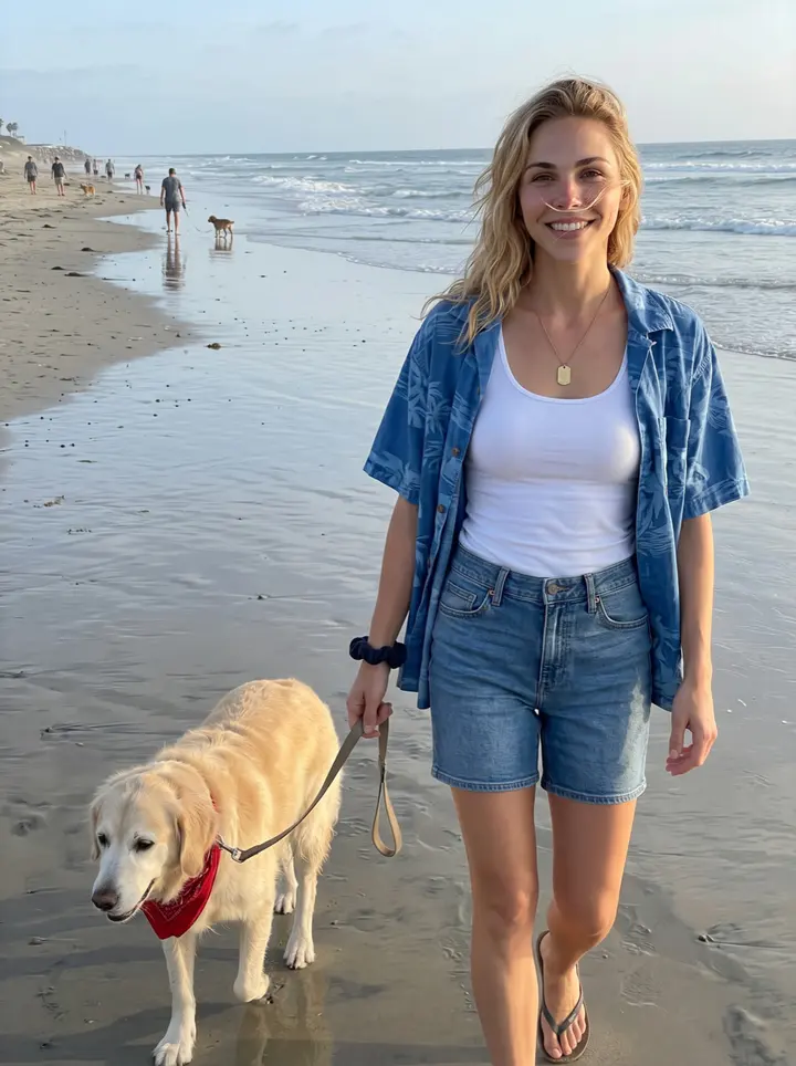 Emma, AI character: Dog Beach in San Diego near sunset, wet sand and low waves behind her, Biscuit walking slowly beside her…