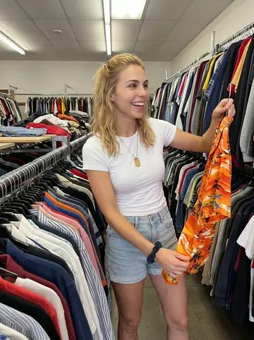 Emma, AI character: a crowded weekend thrift store aisle in Hillcrest, racks of colorful shirts packed behind her