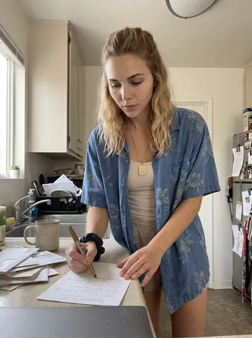 Emma, AI character: her small San Diego apartment kitchen, a handwritten bucket-list page and a gold marker on the counter