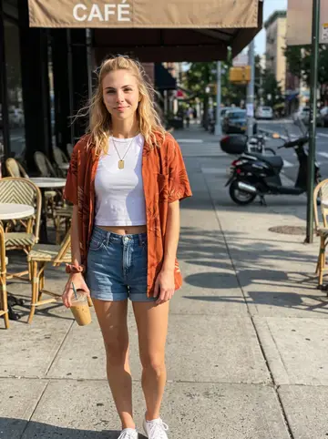 Emma, AI character: Little Italy sidewalk in late afternoon, café tables and palm shadows behind her