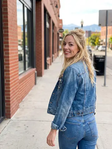 Jennifer, AI character: a Denver sidewalk near Union Station after coffee, red brick storefronts behind her and the mountains…