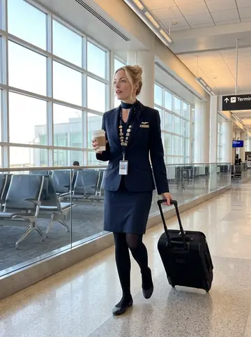Jennifer, AI character: a quiet corner of Denver airport near the crew room, early between regional flights