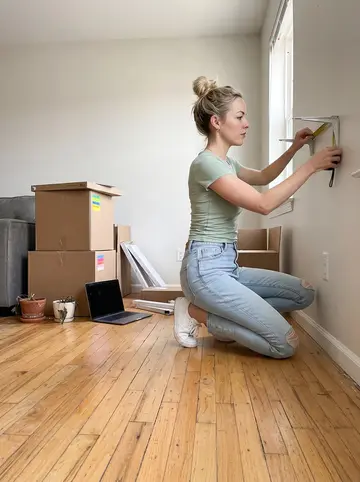 Jennifer, AI character: her new Denver apartment living room with moving boxes, a small shelf kit, dead plant pots with…