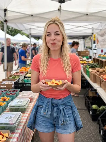 Jennifer, AI character: a Sunday farmers market in Denver, produce tents and sample trays behind her