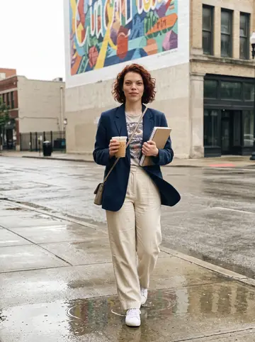 Brooklyn, AI character: outside a small Cincinnati open-mic bar just before sign-up, brick wall and bar doorway behind her