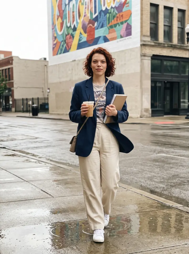Brooklyn, AI character: outside a small Cincinnati open-mic bar just before sign-up, brick wall and bar doorway behind her