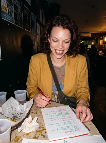 Brooklyn, AI character: inside the open-mic bar after her set, sticky small table, empty basket of fries, dim posters on the wall