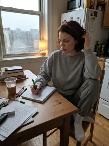 Brooklyn, AI character: her apartment kitchen table on a rainy afternoon, spiral notebook open beside colored pens and a cold coffee