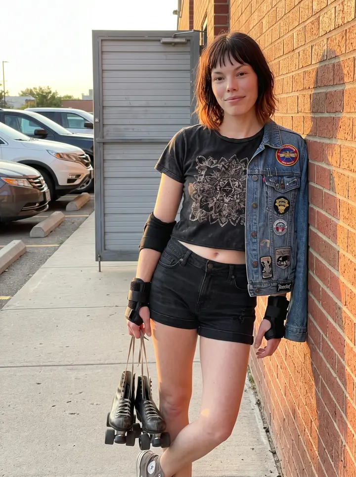 Kayla, AI character: outside a Denver roller rink after Saturday derby practice, leaning against a sun-warmed brick wall near…