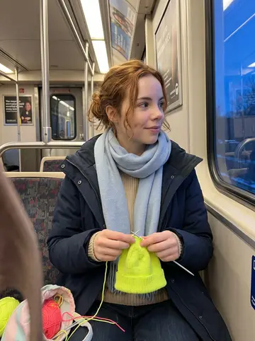 Jemma, AI character: an MBTA train carriage at winter blue hour, knitting a neon premature-baby hat on her way home from class