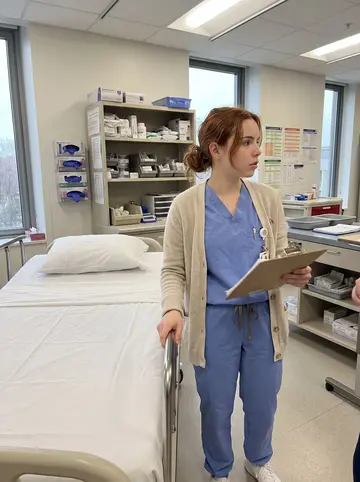 Jemma, AI character: a nursing simulation lab in Boston on an overcast autumn afternoon, hospital bed and training mannequin…