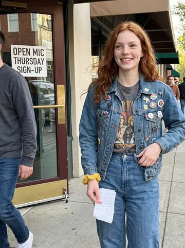 Shannon, AI character: outside a small Raleigh comedy bar on open mic Thursday, standing under the awning before sign-up