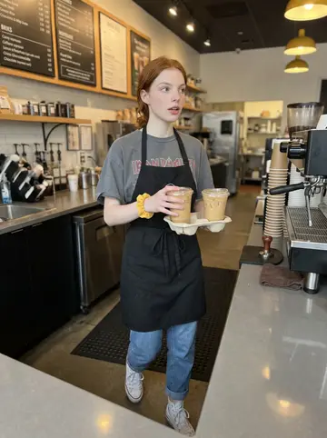 Shannon, AI character: behind the counter at the Raleigh coffee shop during a slow morning between rushes