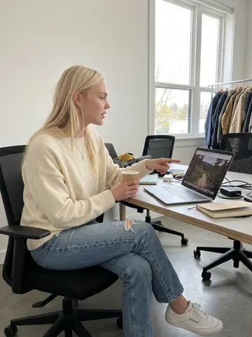 Laura, AI character: outdoor brand office break area in Portland, sample jackets on a rack and laptops on a shared table
