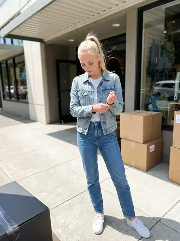 Laura, AI character: sidewalk outside the outdoor brand store during a small product shoot, Portland storefront and gear boxes…