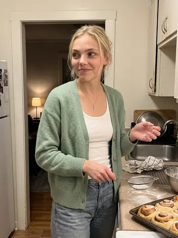 Laura, AI character: small Portland apartment kitchen, tray of cardamom buns cooling beside a mixing bowl