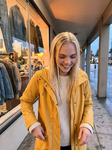 Laura, AI character: covered sidewalk outside a Portland thrift store after drizzle, denim jackets visible through the window