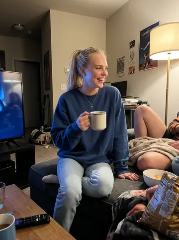 Laura, AI character: friend's apartment movie night in Portland, couch crowded with snacks and a paused movie menu on the TV
