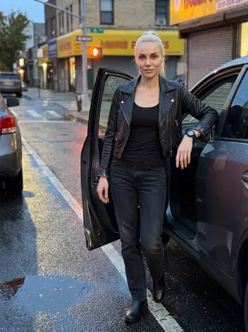 Mila, AI character: a wet Queens street at dusk beside the black SUV she drives for the detail