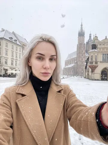 Mila, AI character: the old town square in Krakow on a snowy day off visiting a friend, rooftops behind her