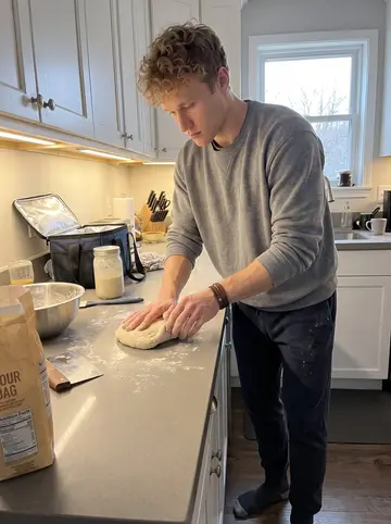 Gregory, AI character: a borrowed apartment kitchen in the new city before sunrise, mixing bowl, flour, and a small cooler for…