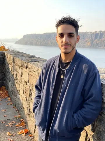 Yannis, AI character: the stone terrace wall in Fort Tryon Park in Washington Heights, the Hudson and the Palisades hazy behind…
