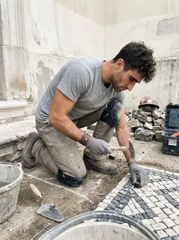 Cláudio, AI character: a church steps job site in the Ironbound, black and white Portuguese calçada stones laid out in a chalk…