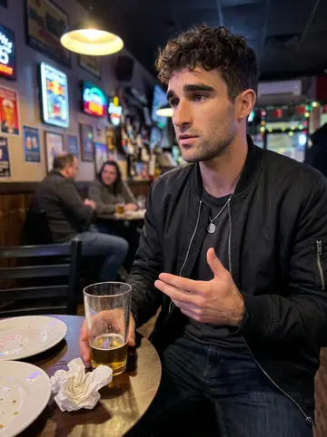 Cláudio, AI character: a Portuguese bar in the Ironbound after band practice, standing near a small table with empty plates and a…