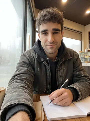 Cláudio, AI character: a small bakery cafe in the Ironbound early before work, fogged street window behind him and a school…