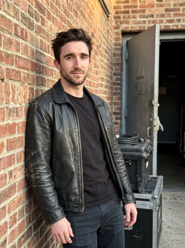 Ashley, AI character: outside a small Chicago music venue after load-in, leaning against the brick wall near the stage door,…