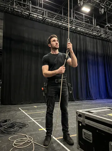 Ashley, AI character: inside a mid-size Chicago concert hall during setup, standing under a lighting truss with black drapes and…