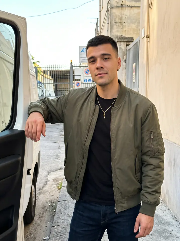 Gianpiero, AI character: a quiet side street in Naples near his uncle's recovery yard, standing by the open door of the white work…