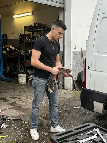 Gianpiero, AI character: outside a small recovery garage on the edge of Naples before traffic starts, damp pavement and stacked…