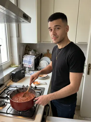 Gianpiero, AI character: the narrow family kitchen at home in Naples, a pot of Sunday ragù on the stove and his nonna's small radio…