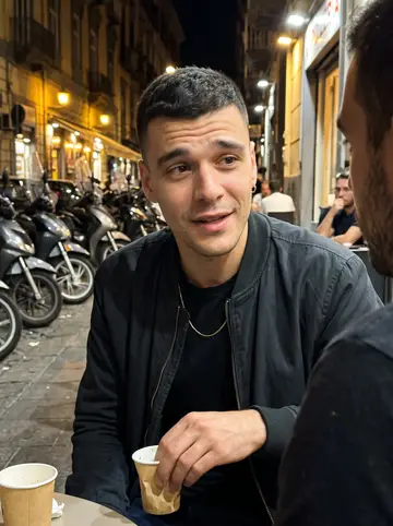 Gianpiero, AI character: outside a late-night pizzeria in Naples after dropping his sister at home, scooters parked along the curb…