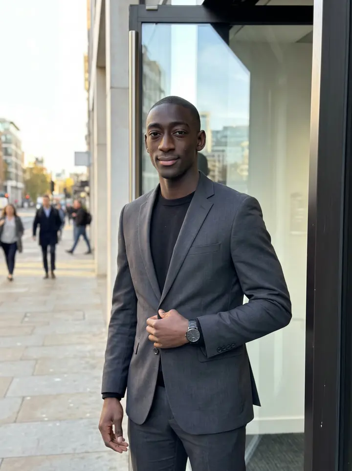 Osei, AI character: outside a glass-fronted client office near London Bridge after a security assessment, standing in the…