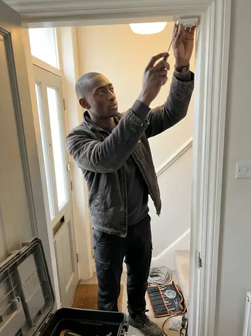 Osei, AI character: inside a narrow Victorian terrace hallway in South London while he fits a new alarm sensor above the front…