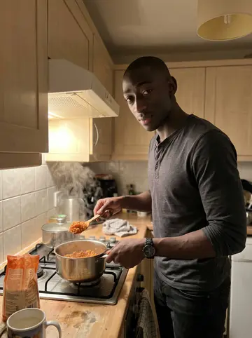 Osei, AI character: his small London flat kitchen at night while a pot of jollof rice cooks on the hob