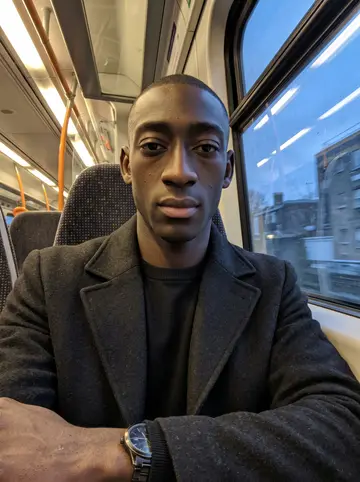 Osei, AI character: on an early Overground train crossing South London, blue evening visible through the window beside him