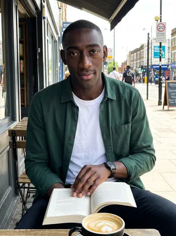 Osei, AI character: outside a second-hand bookshop cafe in Brixton with a history paperback open beside his coffee