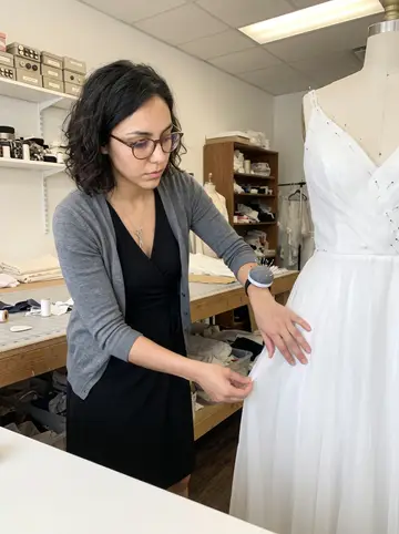 Gabriela, AI character: inside the bridal shop beside a long cutting table, a half-pinned wedding gown on a mannequin and boxes of…