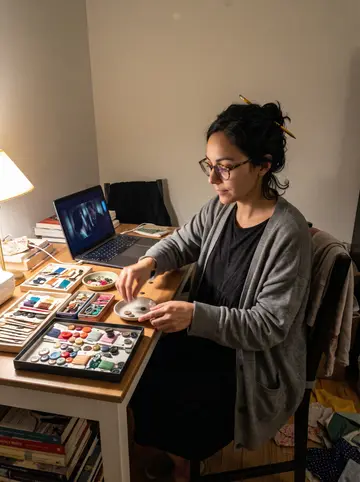 Gabriela, AI character: her apartment dining table late at night, trays of old buttons, thread cards, and a laptop playing an old…