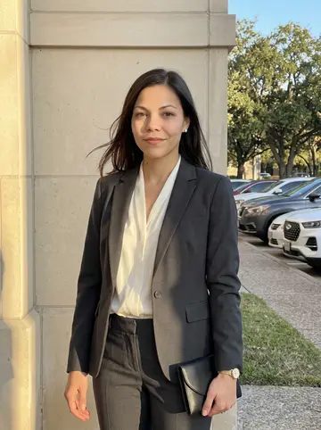 Natalie, AI character: outside a private Houston charity dinner at golden hour, standing in the limestone doorway with oak trees…