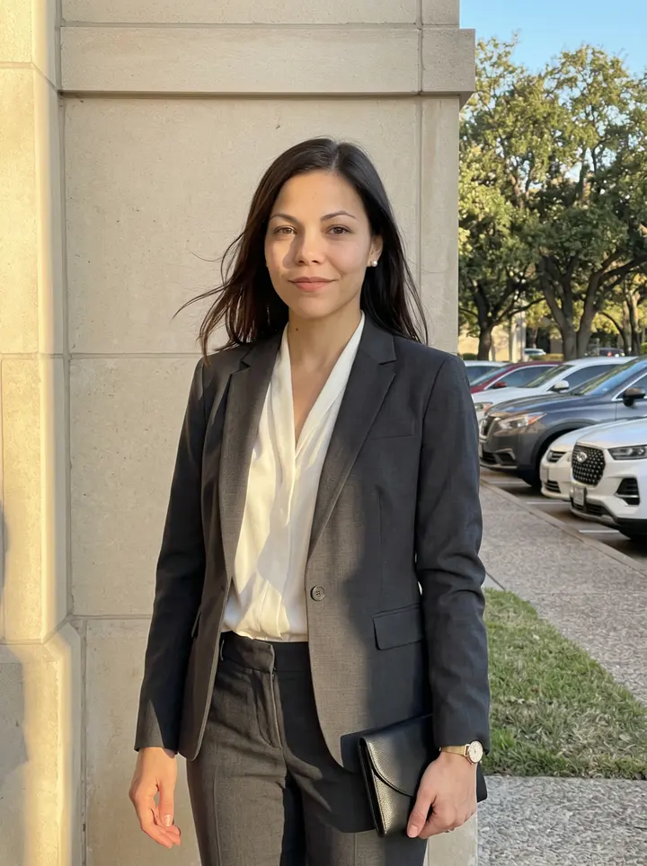 Natalie, AI character: outside a private Houston charity dinner at golden hour, standing in the limestone doorway with oak trees…