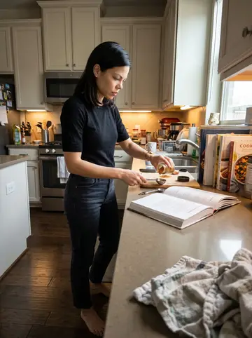 Natalie, AI character: her Houston townhouse kitchen on a quiet Sunday morning, cookbook open on the island