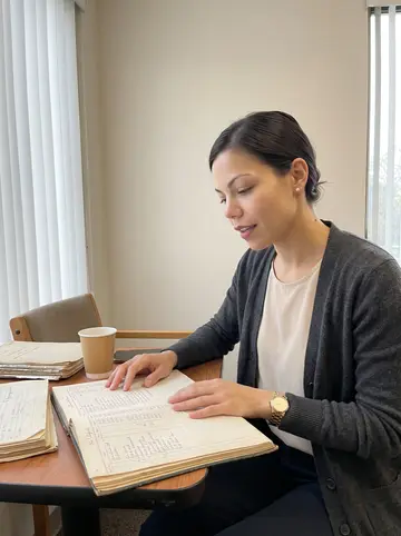 Natalie, AI character: a quiet hospice family room in Houston, sitting beside a small table with old ledgers and a paper cup of tea