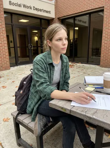 Shelby, AI character: a study table outside the social work department building in Asheville, backpack and case notes spread…