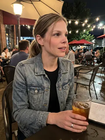 Shelby, AI character: a crowded Asheville patio after an MSW cohort meet-up, string lights and wet pavement after a warm evening…